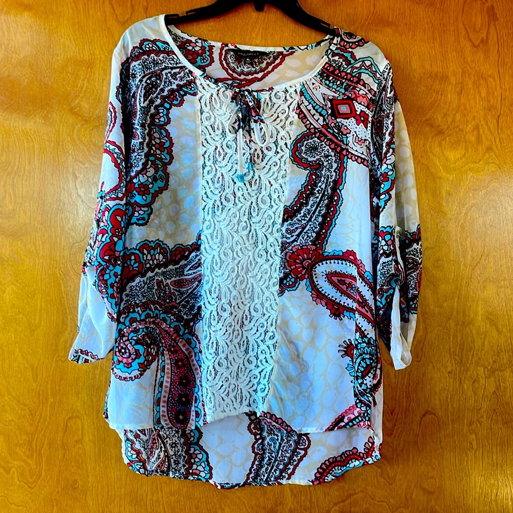 Sheer paisley blouse with lace front panel